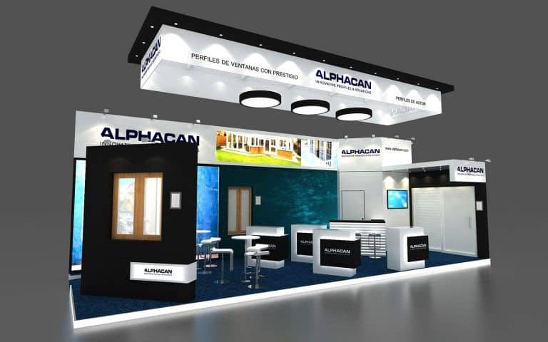 Diseño de un stand de exposición para VETECO en Madrid, destacando una estructura moderna con elementos visuales atractivos y espacios interactivos, ideal para atraer visitantes en ferias del sector de la construcción.