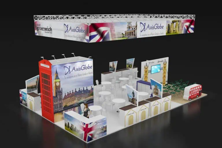 Modern and innovative FITUR exhibition stand design by IFEMA Madrid exhibition booth builders, showcasing tourism industry trends and attracting visitors with interactive displays and vibrant graphics.