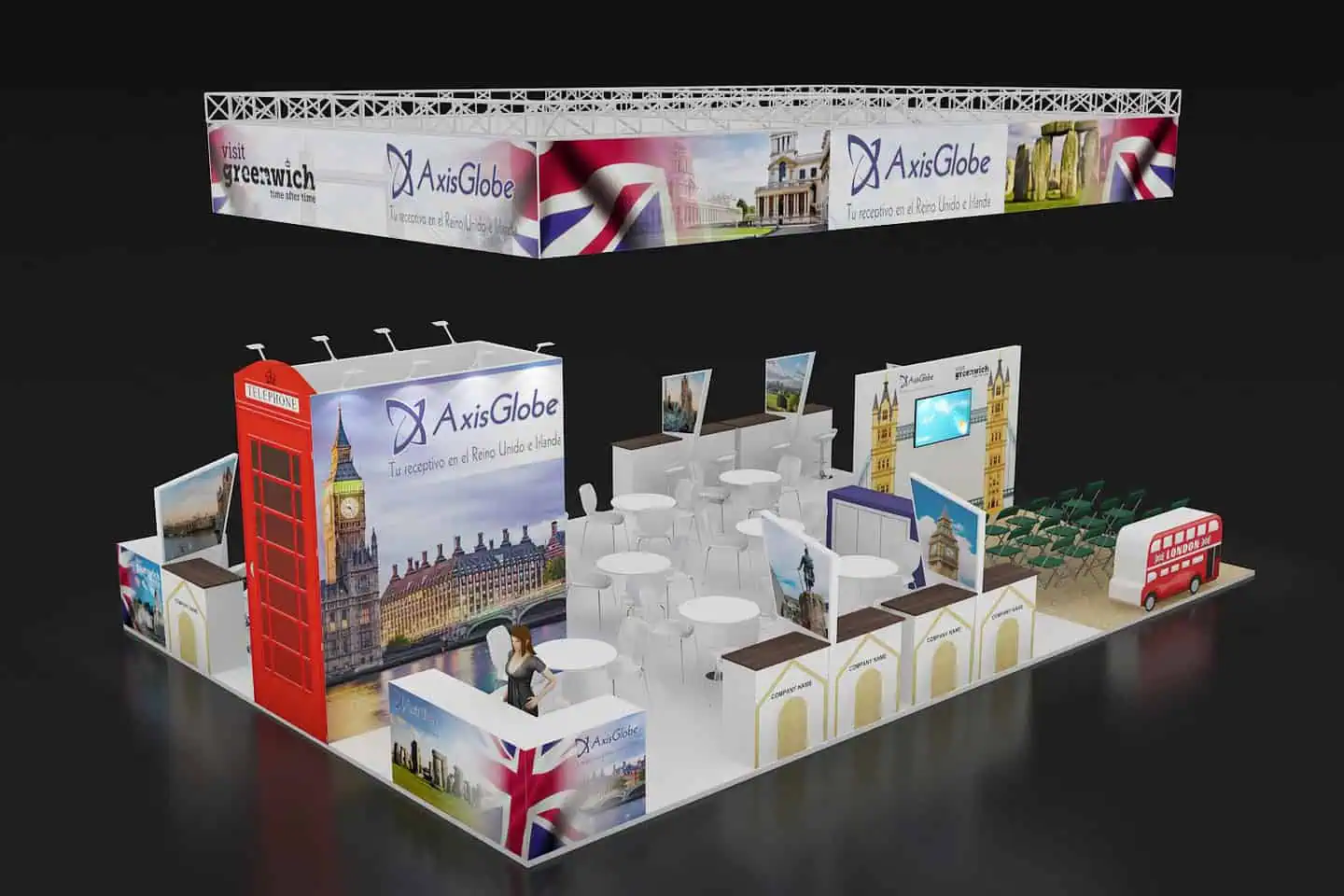 Diseño de stand de feria moderno e innovador de FITUR por los constructores de stands de IFEMA Madrid, que muestra las tendencias de la industria del turismo y atrae a los visitantes con exhibiciones interactivas y gráficos vibrantes.
