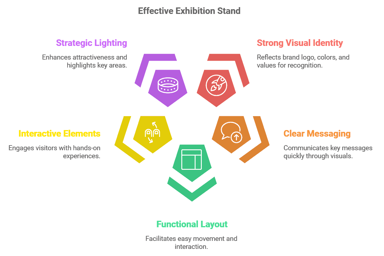 Infografía en inglés con cinco elementos: iluminación, identidad visual, interactividad, mensaje claro y distribución funcional.