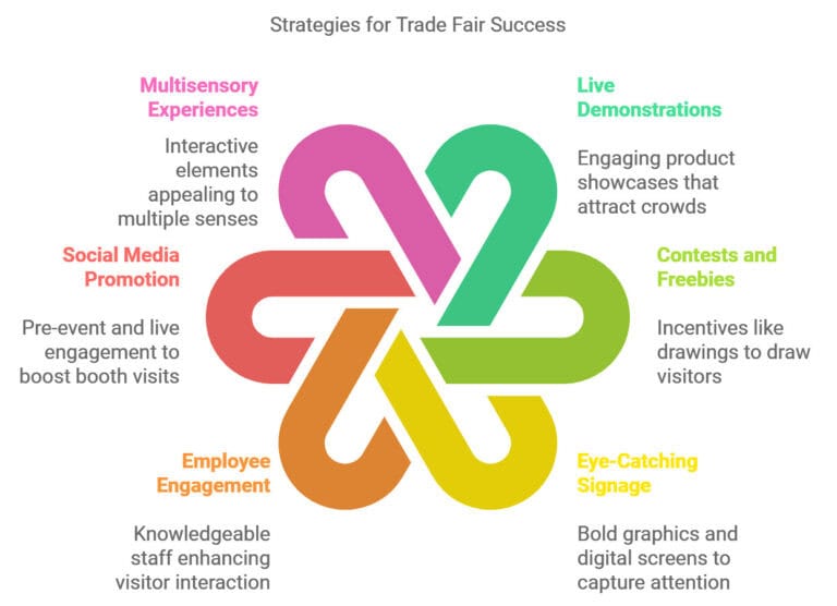 This photo illustrates key strategies for achieving trade fair success through impactful exhibition stand design. It highlights the use of visual communication tools, such as branded displays, strategic lighting, and interactive touchpoints, to maximize visitor engagement and brand exposure. The stand is carefully planned to create an inviting environment, guiding attendees through product showcases and interactive experiences. Ideal for exhibitors looking to understand what makes a successful trade show booth, this example offers insights into creating memorable visitor experiences and using visual storytelling to promote brand messages effectively.
