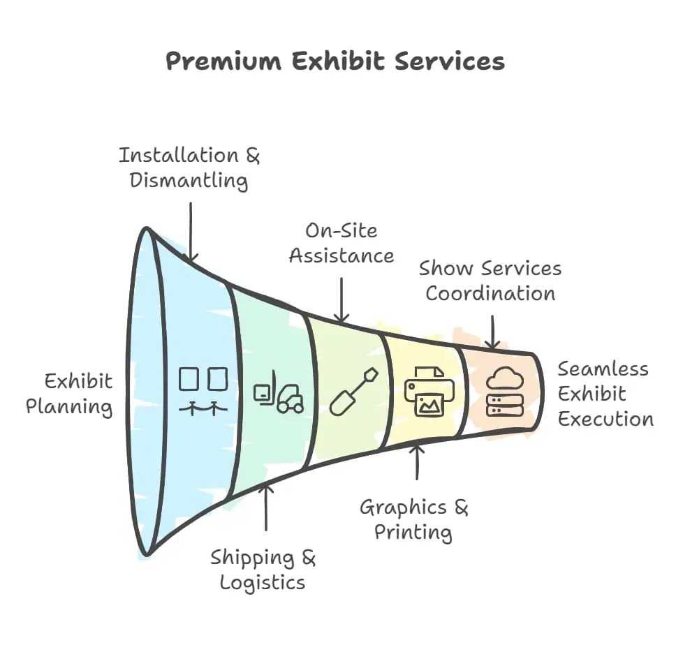 A sleek, contemporary trade show booth showcasing premium exhibit services, including high-quality custom graphics, modular structural elements, and interactive digital displays designed to enhance brand presence and audience engagement.