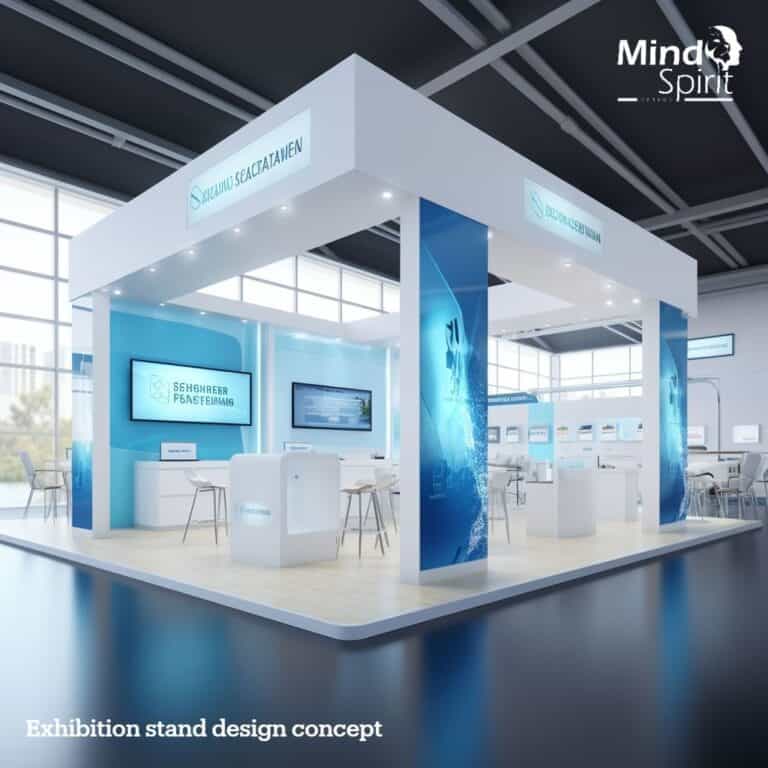Blue water-themed exhibition stand design with backlit graphic walls and hospitality counter