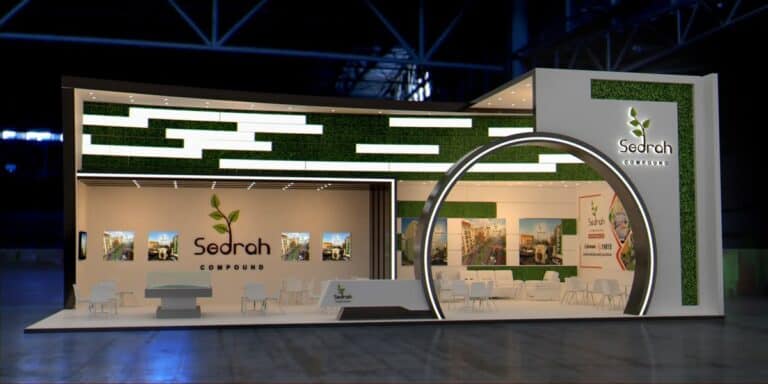 Modern modular exhibition stand with bold headline and demo area