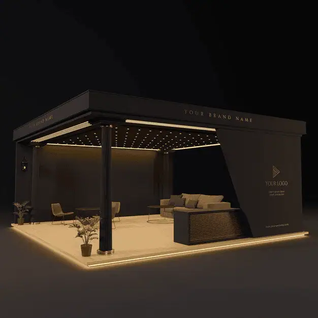 Trade show booth layout showing attract, engage, and convert zones