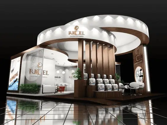 3D design of curved white and wood cosmetics booth with illuminated fascia and product plinths