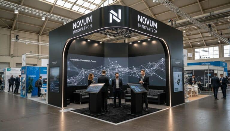 Black arch technology booth with network graphics and touchscreen kiosks at trade show