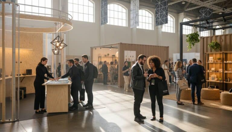 Visitors networking among smart wooden trade show display stands in bright exhibition hall