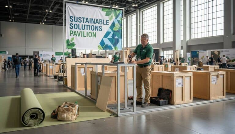 Crew building sustainable solutions pavilion with wooden frames and banner at expo