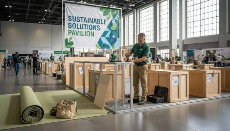 Crew building sustainable solutions pavilion with wooden frames and banner at expo