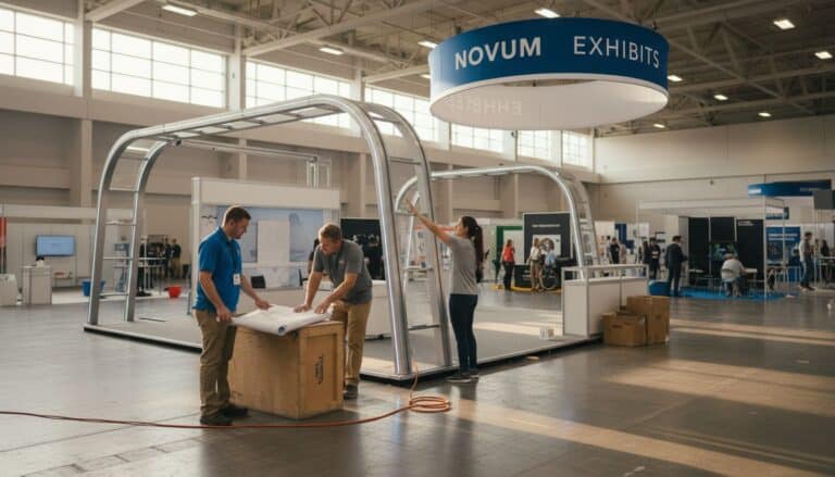 Workers assembling curved aluminum booth arches beneath hanging brand sign at exhibition