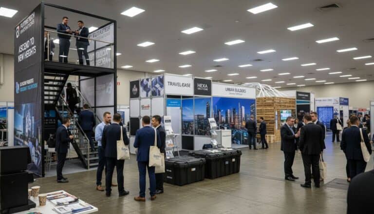 Double deck exhibition stand with upper meeting level and networking visitors below
