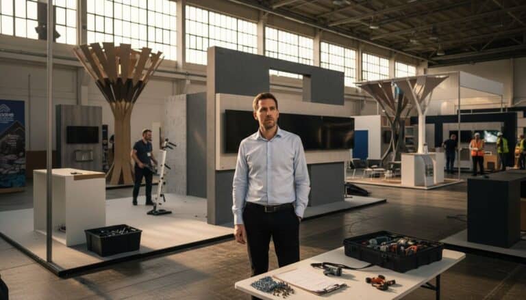 Technician beside modular exhibition stand parts and sculptural wooden structure during workflow