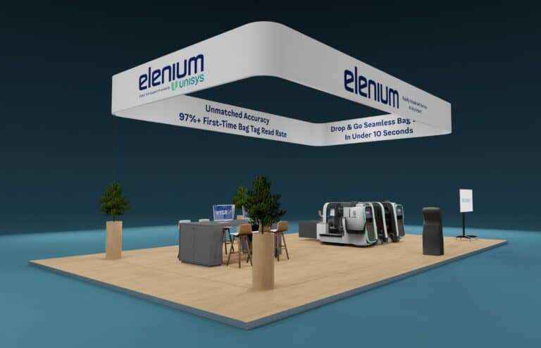 3D render of Elenium booth design with hanging banner open layout and demo stations