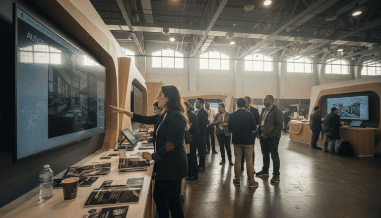Visitors exploring interactive display technology showcase with touchscreens in exhibition hall