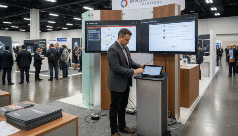 Presenter using hybrid exhibition stand with dual screens and tablet kiosk at trade show