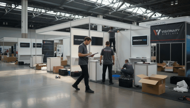 Crew installing custom exhibit structures and counters in bright exhibition hall