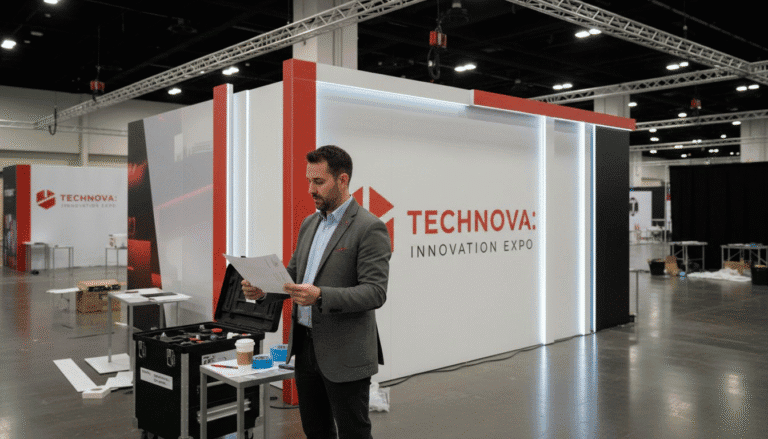 Exhibitor reviewing booth material options at white and red innovation expo stand
