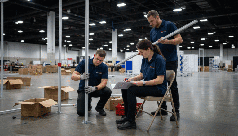Two technicians assembling modular stand pole system with tablet at exhibition venue