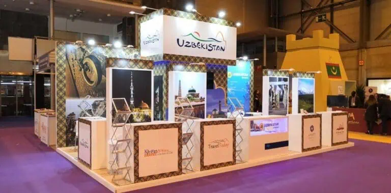 Uzbekistan tourism country pavilion with traditional patterns and destination imagery at FITUR travel fair IFEMA Madrid