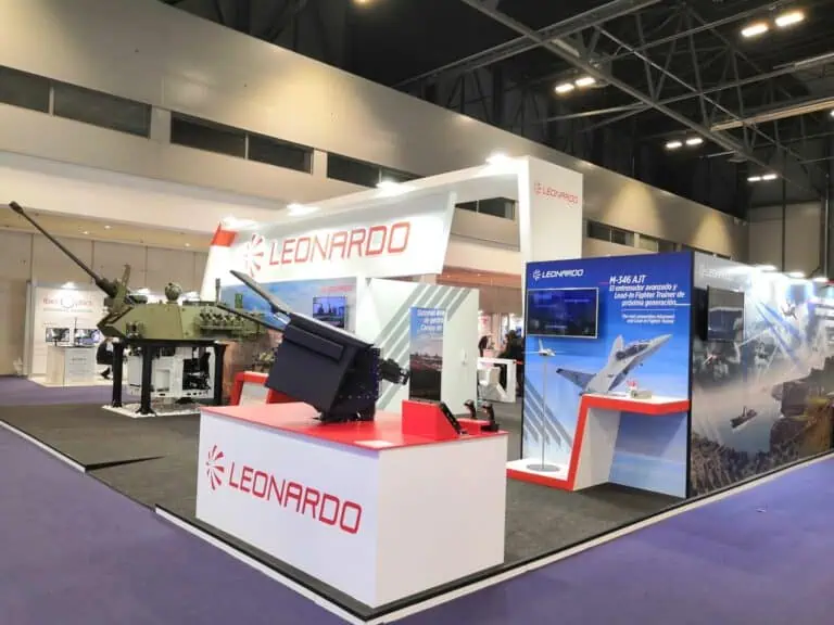Leonardo defence exhibition stand with equipment displays at FEINDEF International Defence and Security Exhibition IFEMA Madrid