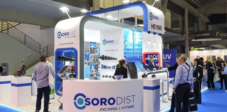 Custom exhibition stand for SORODIST PVC pipes and fittings at Piscina & Wellness fair, Fira Barcelona, by expert stand builder