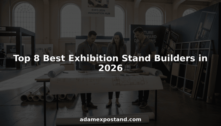 Team reviewing exhibition stand plans in dark workshop comparing best stand builders