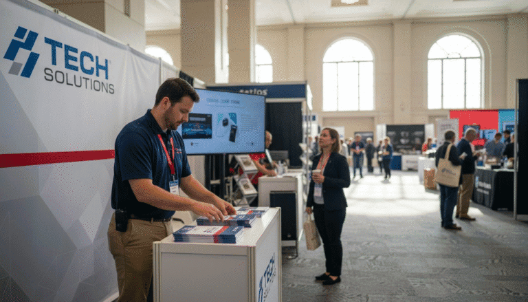 Staff demonstrating product to visitor at functional tech solutions booth counter