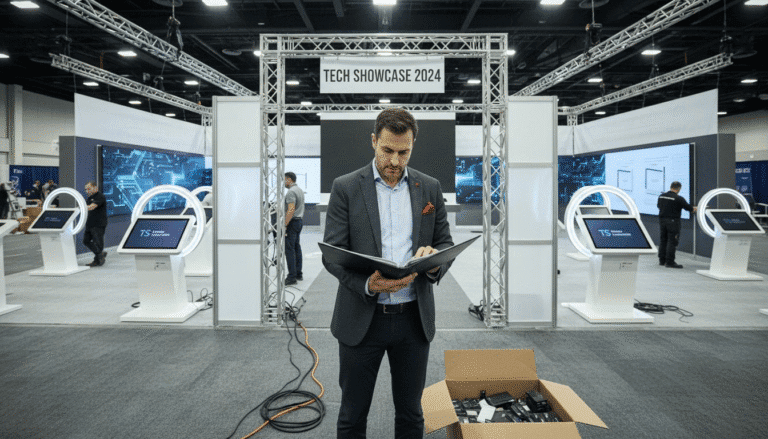 Manager unpacking display technology at tech showcase truss booth with screens