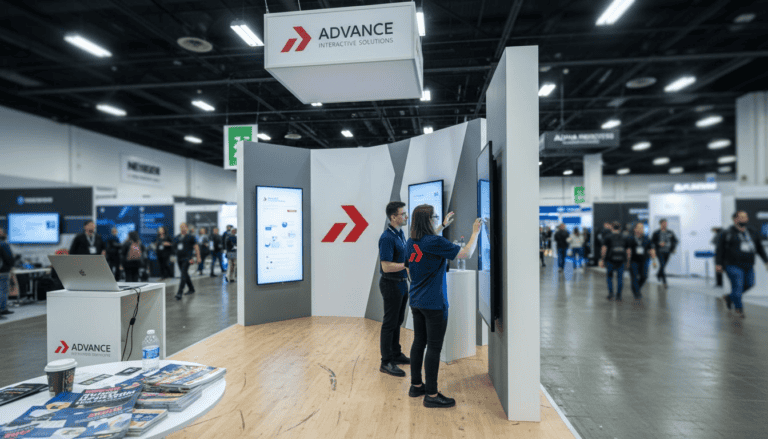 Advance branded exhibition booth with digital screens and staff assisting visitors