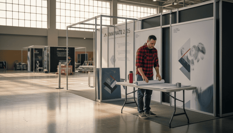 Designer reviewing plans on table inside minimal white innovation booth frame