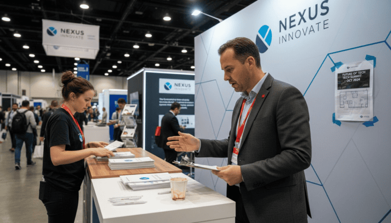 Client reviewing exhibit rental booth options with staff at innovation branded counter