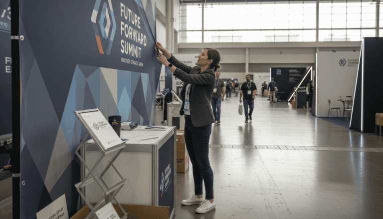 Coordinator adjusting adaptive geometric banner wall at future forward summit venue