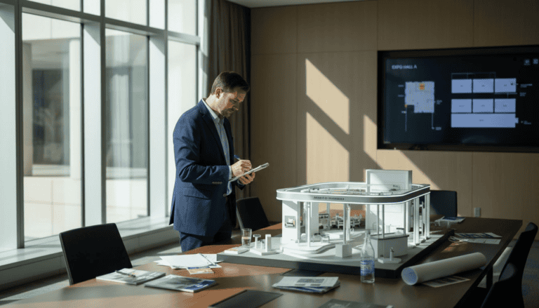 Man reviewing white 3D booth visualization model on office table with plans