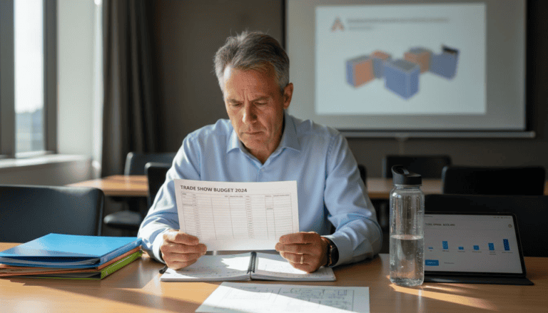 Manager reviewing trade show budget documents at desk with booth plans projected behind