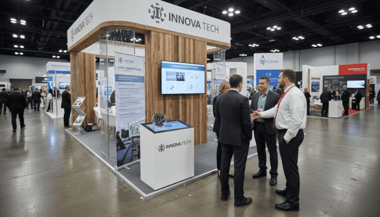 Visitors networking at wooden Innova Tech booth with screens on trade show floor