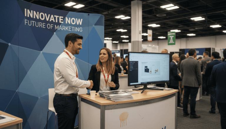 Booth staff welcoming visitor at innovate now marketing stand with demo screen