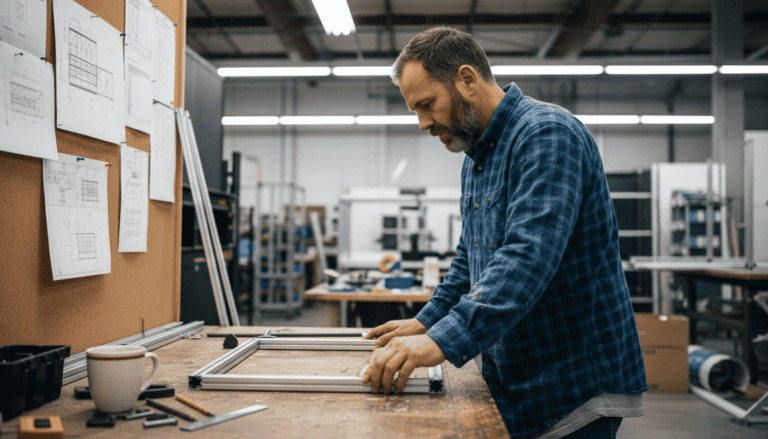 Craftsman assembling custom booth frame at fabrication workshop with plans on wall