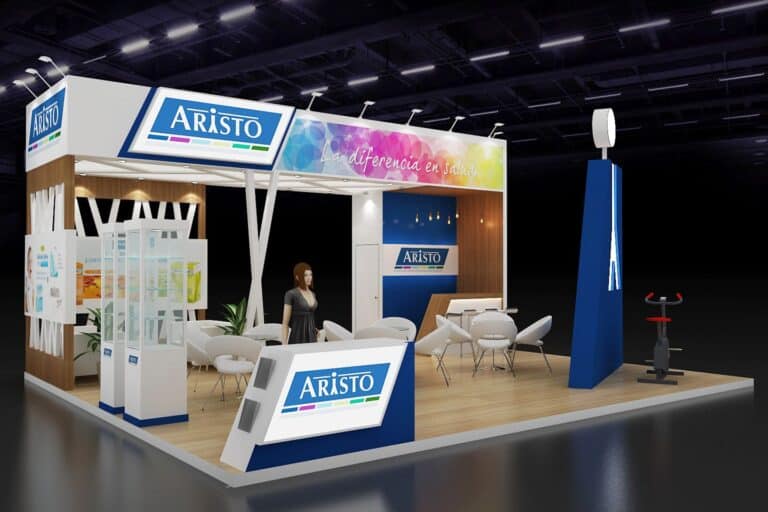 3D design of ARISTO promotional stand with backlit pillars for Infarma pharmacy congress
