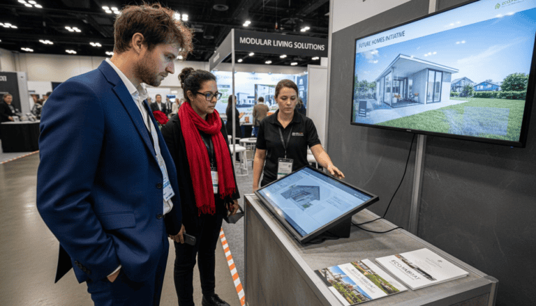 Visitors exploring hybrid exhibition booth with touchscreen and modular living solutions display