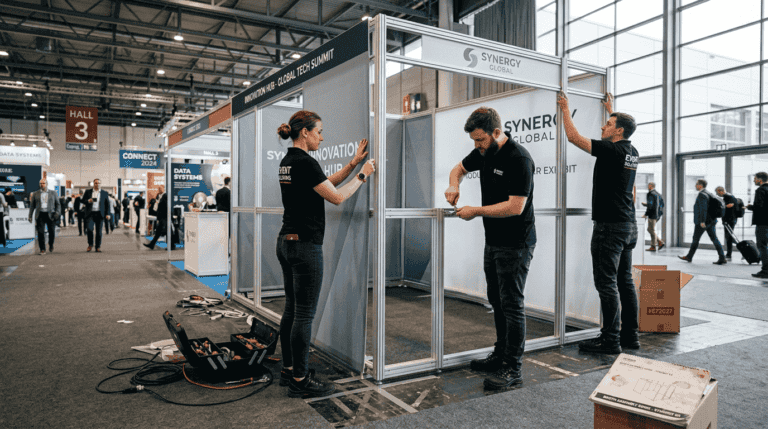 Two staff assembling aluminium modular booth frame at exhibition hall during build-up
