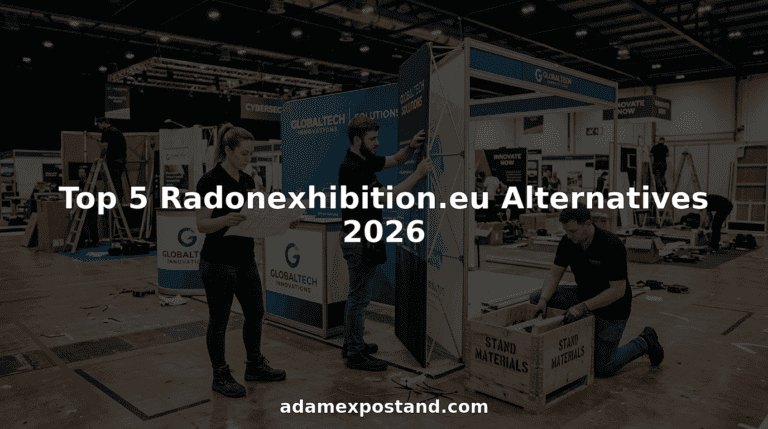 Team setting up modular trade show stand with graphics and equipment cases in dark hall