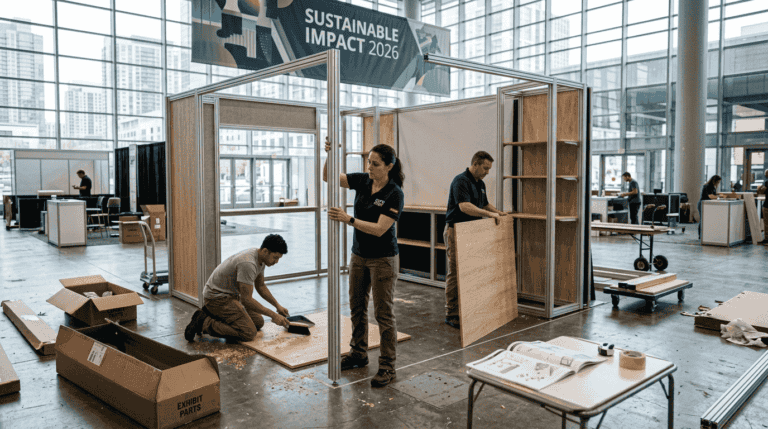 Staff assembling modular sustainable wooden booth structure under sustainable impact banner