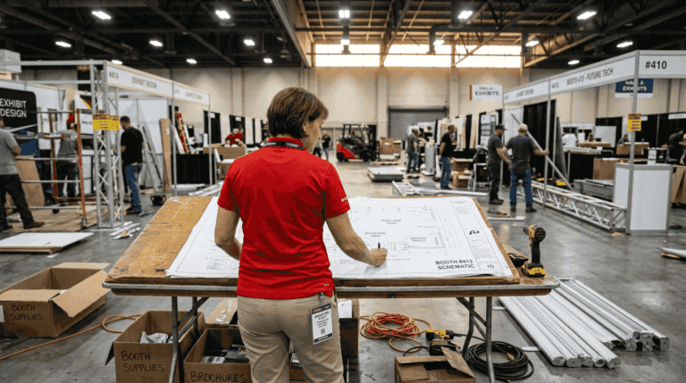 Manager in red shirt reviewing booth display plans at workshop table during construction