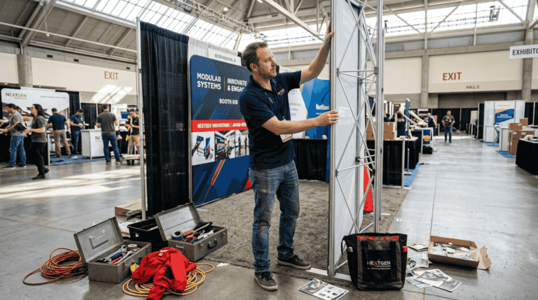 Coordinator assembling modular rental display system with tool case at trade show venue