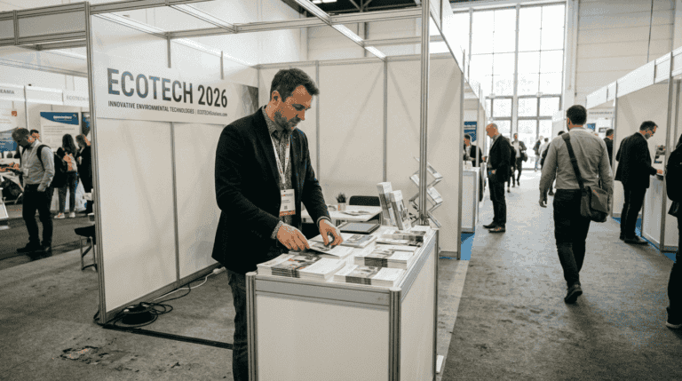 Exhibitor arranging brochures in white shell scheme stand at Ecotech trade fair