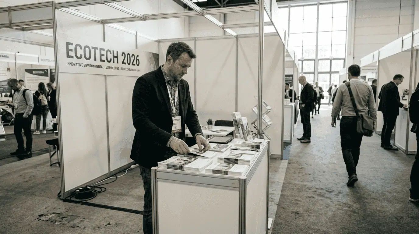 Exhibitor arranging brochures in white shell scheme stand at Ecotech trade fair
