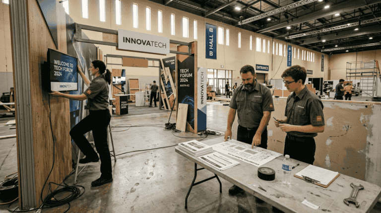 Trade show staff setting up modern innovation booth with LED screens and wooden panels