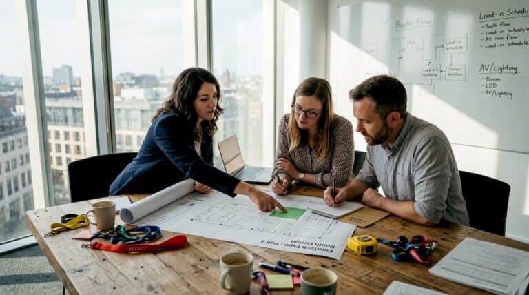 Team of three reviewing event display planning workflow documents at wooden table