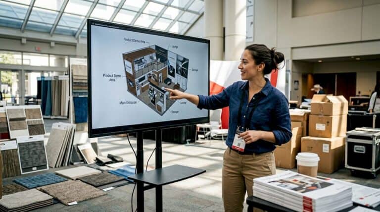 Designer pointing at digital 3D booth design model displayed on large screen